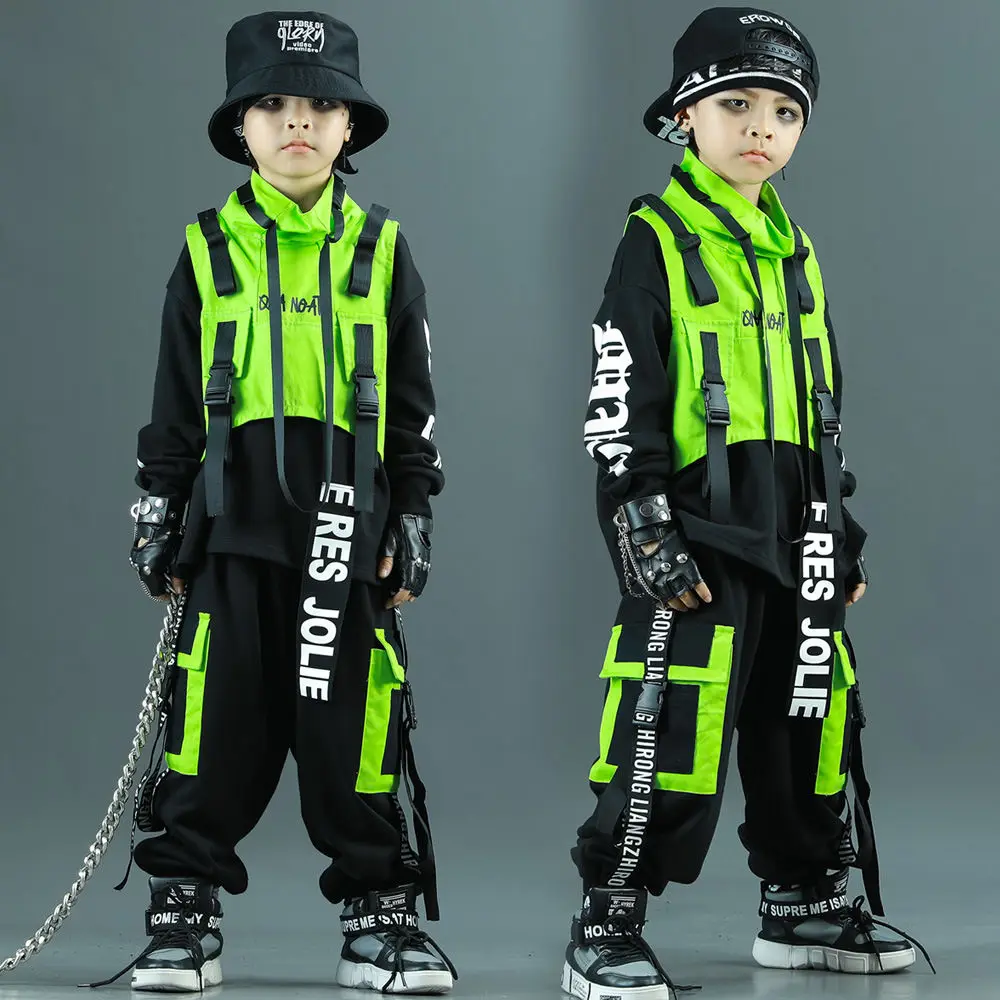 

Teenagers Boys Hip Hop Clothes Kids Green High Collar Vest Casual Pants Sweatshirt Outfits Children Streetwear Dancing Costumes