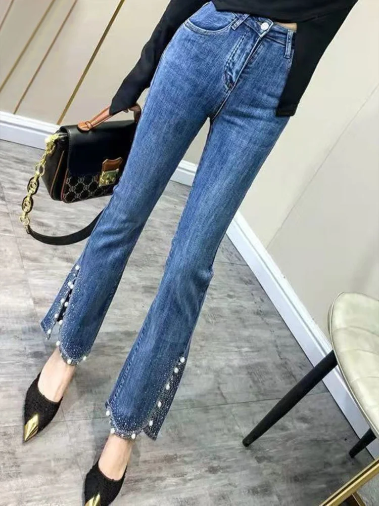 Cropped Blue Womens Jeans Bell Bottom Pipe Flare with Pockets Flared Trousers High Waist Shot and Capris Pants for Women