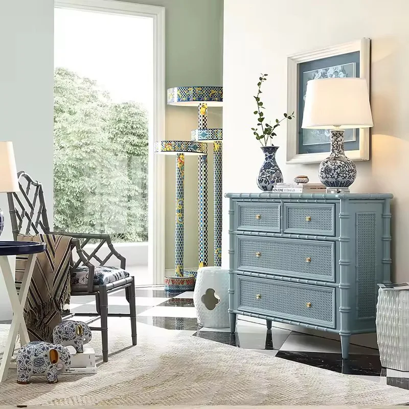 

Nordic style chest, bedroom carved bamboo drawers, storage cabinet, simple style creative rattan, living room side cabinet stora