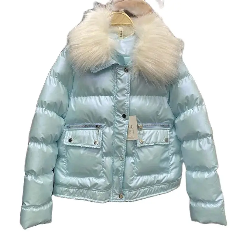 

Little Guy Glossy Women's cotton Coat Short 2022 Winter New Female Outerwear Big Fur Collar Down Cotton Keep Warm Ladies Jacket
