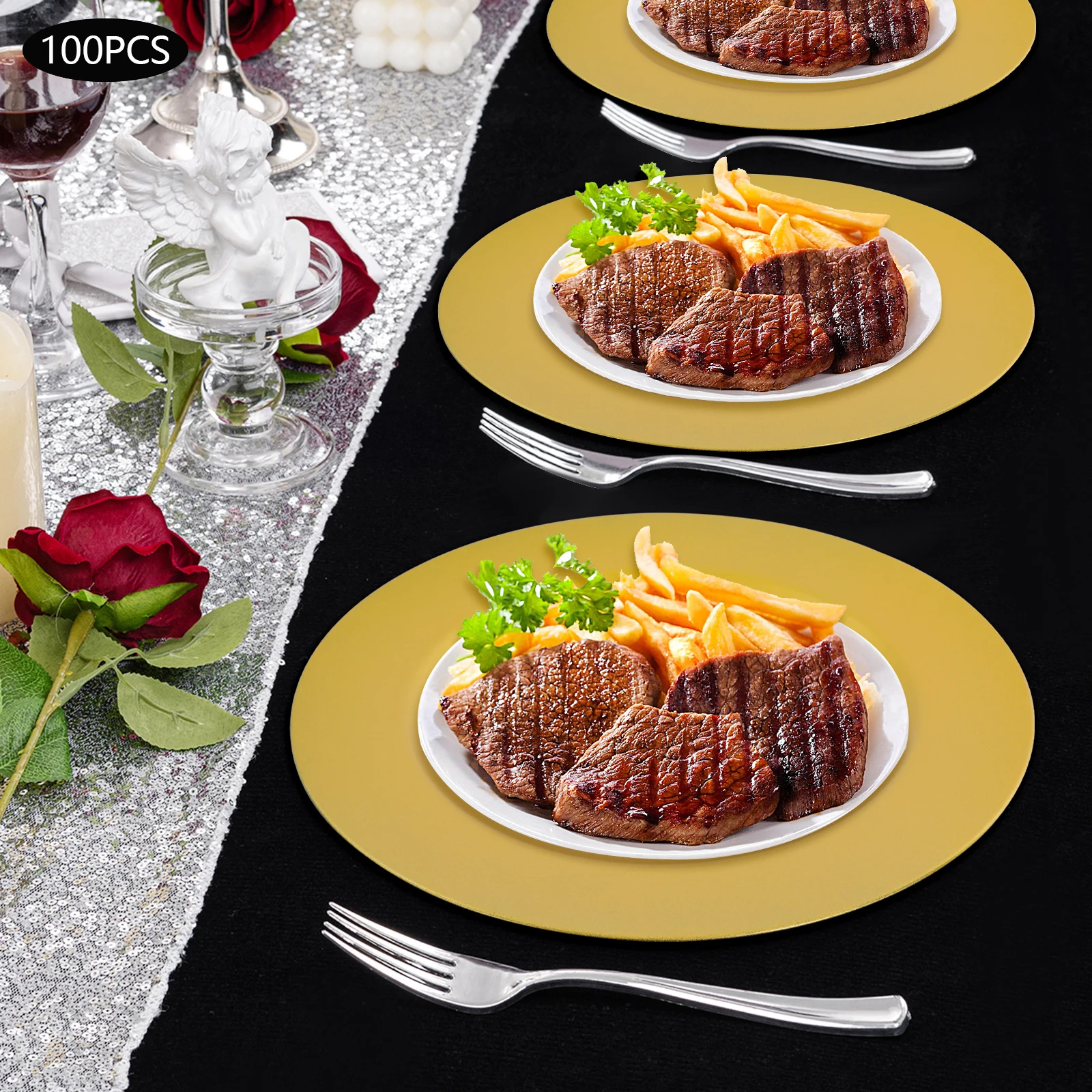 

100PCS Gold Charger Plates PP Material Spraying Paint Process 13in Round Design For Wedding Banquet Restaurant