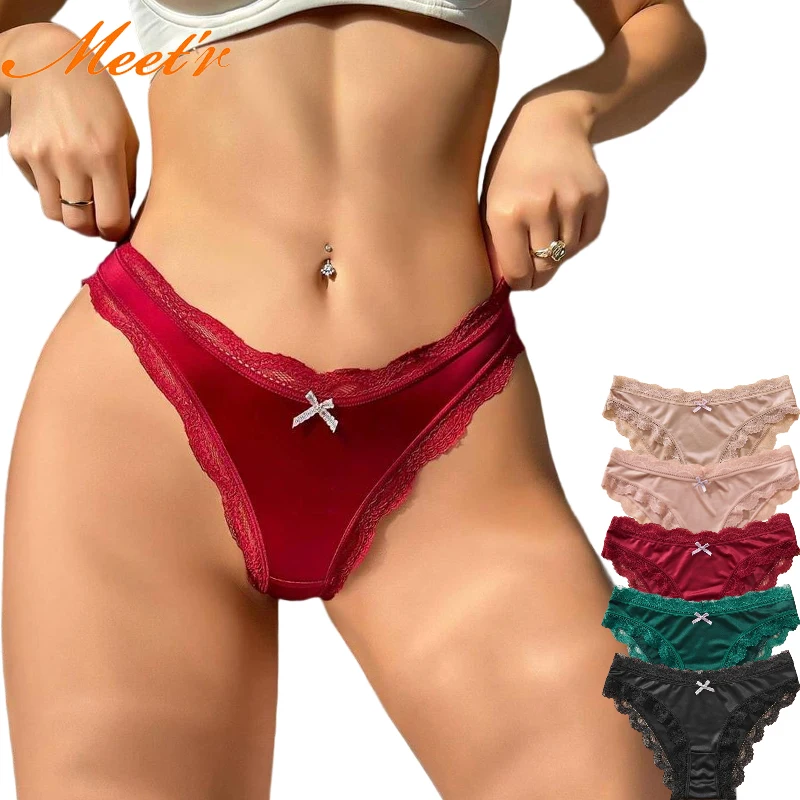 Meet'r New Sexy Lace G-string Panties Underwear Women's Silk Satin One-piece Lingerie Low Waist Lace Triangle Underpants