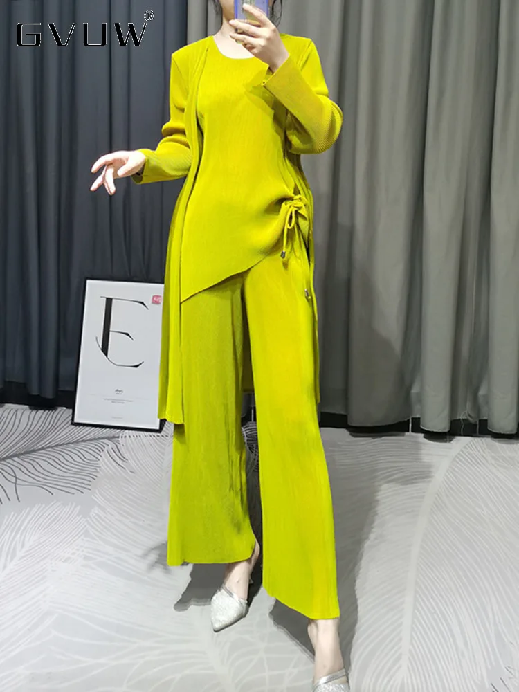 GVUW Pleated Three Piece Set For Women O-neck Drawstring Top Solid Color Coat Wide Leg Pants 2024 Autumn Female Clothing 17J0719