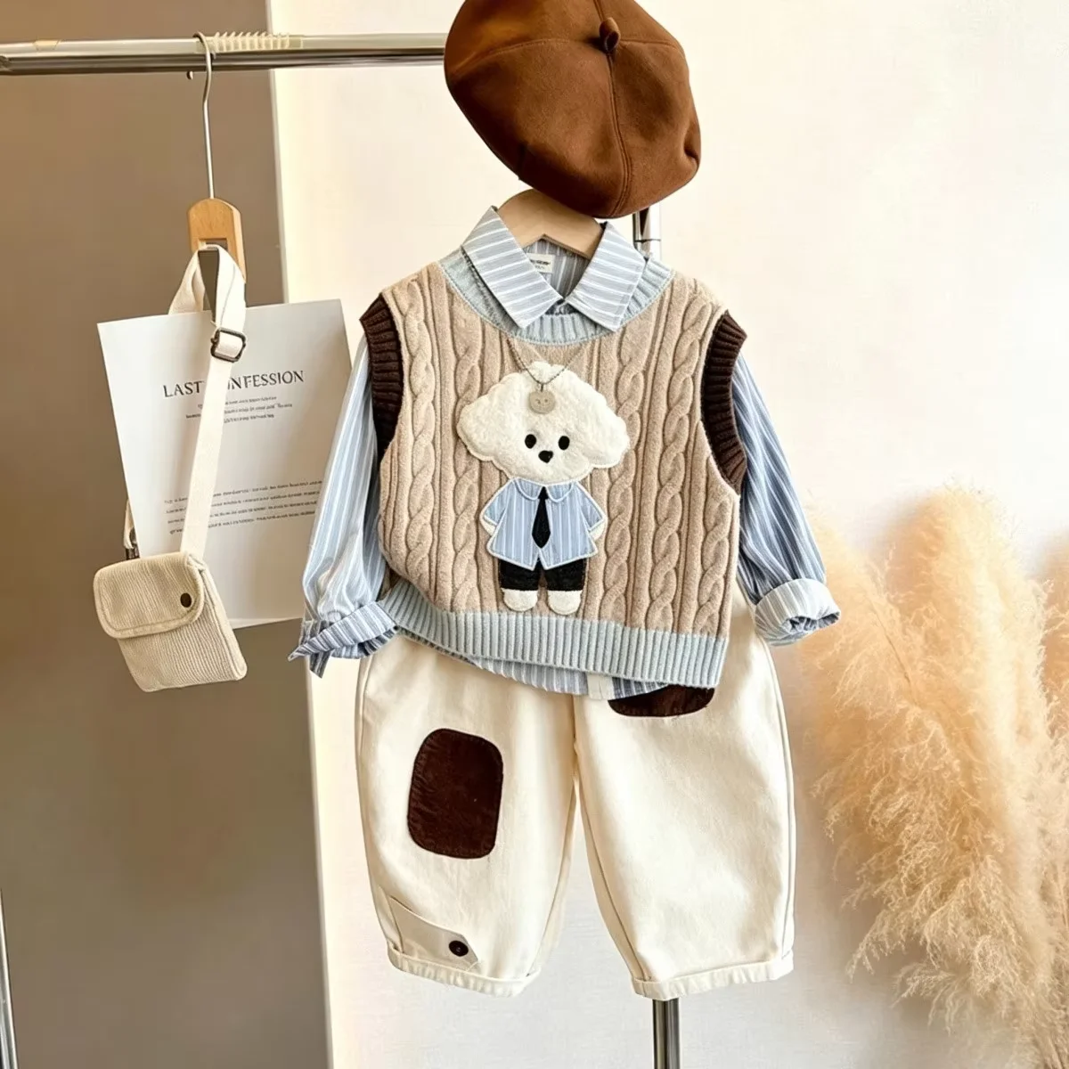 Boys' Set Spring and Autumn New Style Children's Stylish Vest Shirt Pants 3-Piece Set 90-140CM