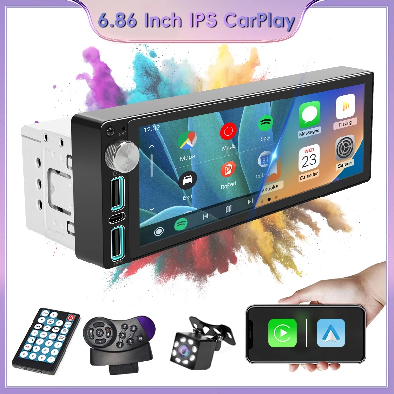 Car Stereo Radio 6.86 Inch 1Din Carplay Android Auto Multimedia Video Player IPS Screen Bluetooth 5.0 USB/Type-C Charge