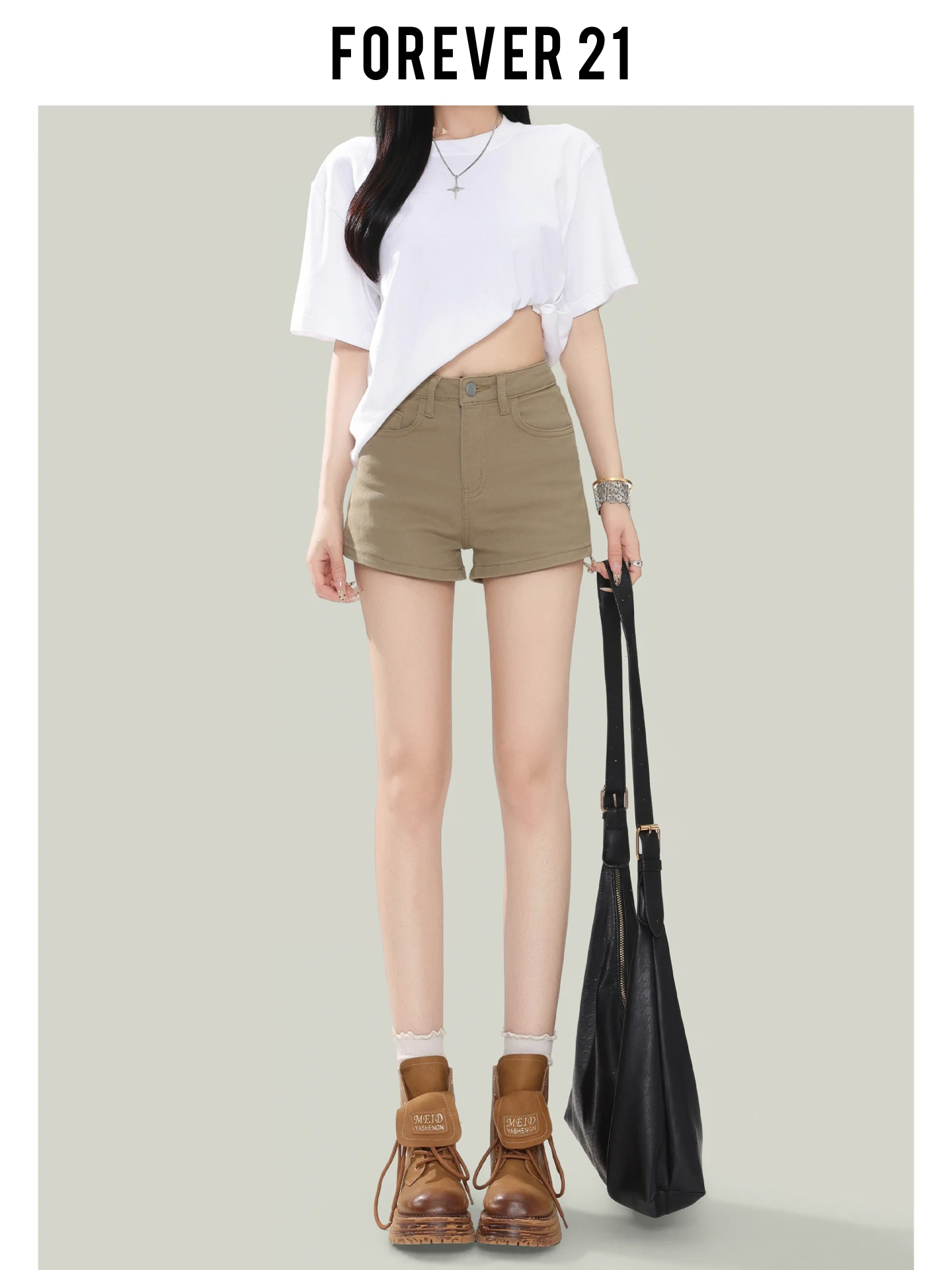 Shorts de Mezclilla de Cintura Alta Color Caqui Estilo Americano Forever 21, Shorts Ajustados y Sexys para Mujer, Shorts Casuales de Corte Recto