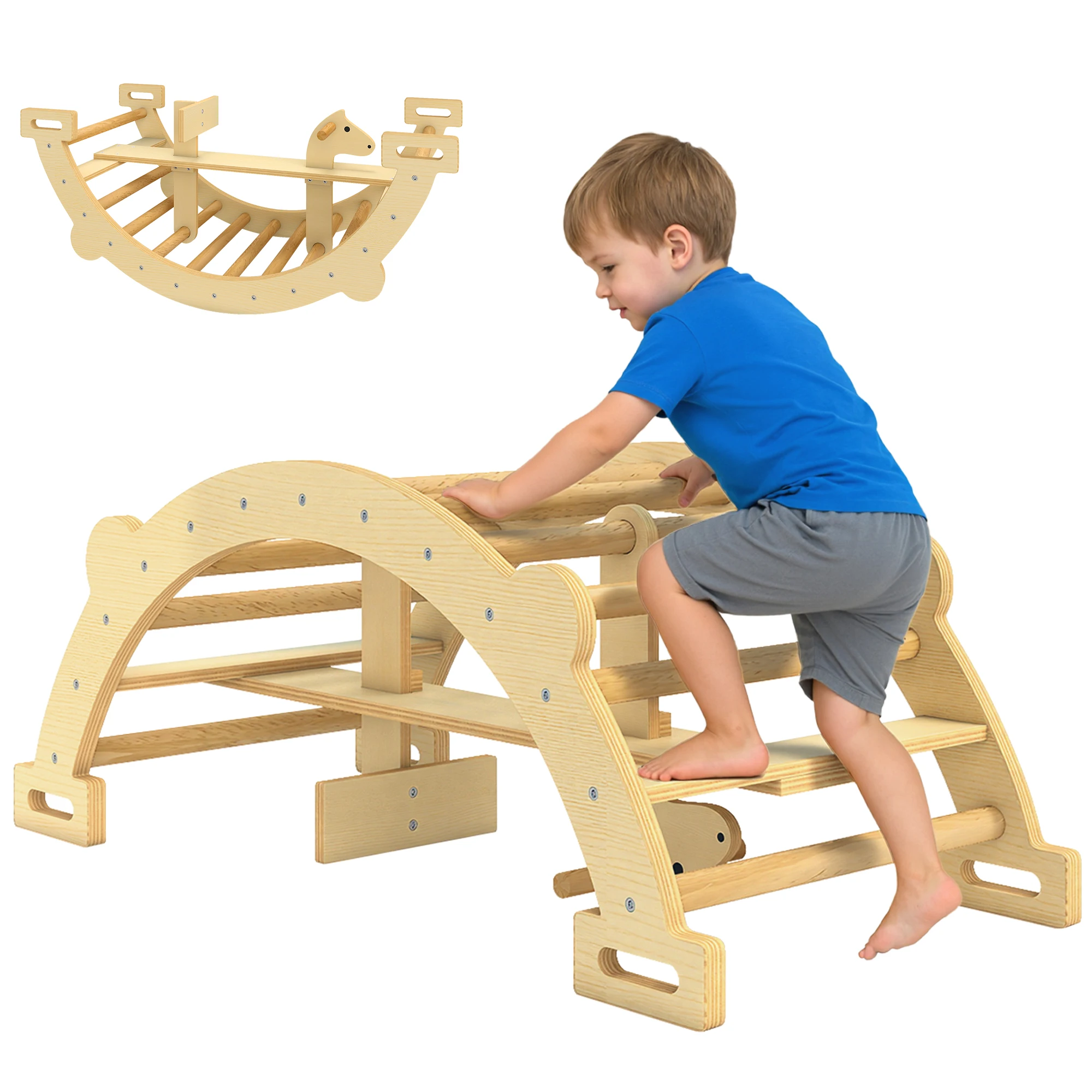 Aiyaplay 2-in-1 houten klimboog en schommelpaard Montessori klimstructuur voor kinderen van 2-4 jaar oud, natuurlijk