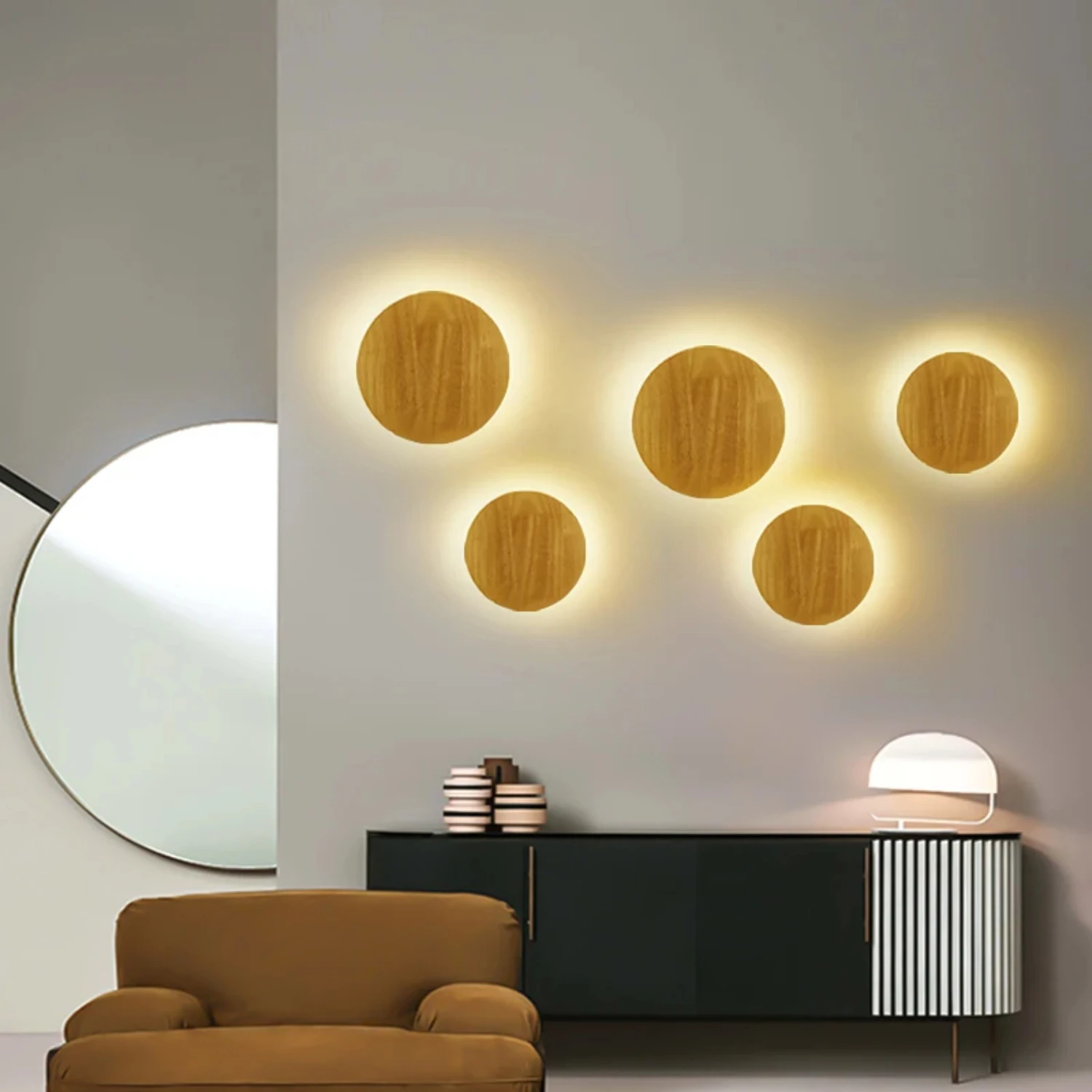 New Unique Nordic Modern LED Wooden Round Wall Lamp - Stylish and Trendy Design, Perfect for Customizing Bedroom and Stairwell L