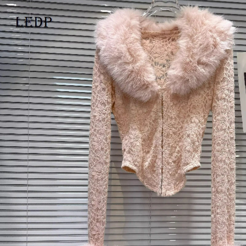 

French Design Temperament Celebrity Fur Splicing Women's Top 2026 Spring New Slimming Lace Hollow Out Versatile Cardigan Ladies