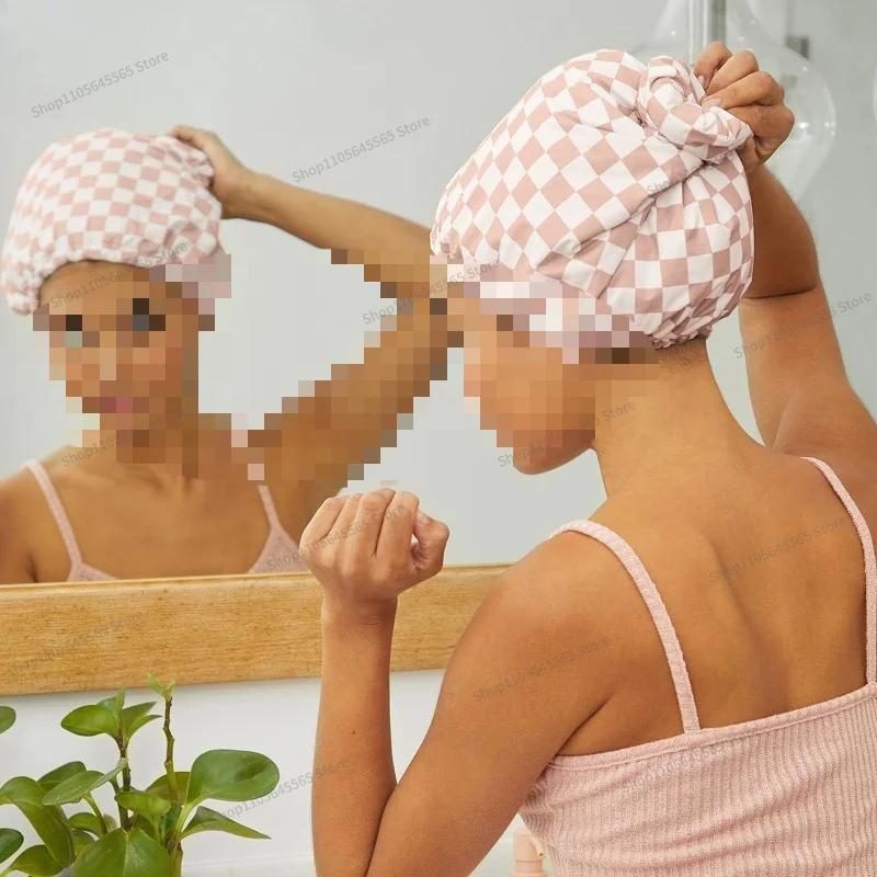 The New Three-layer Waterproof Shower Cap with Simulated Silk Lining and Checkered Shower Cap