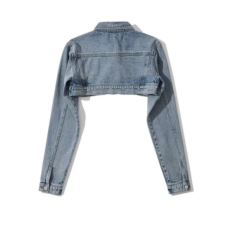 American Spice Girl Wind Super Short Denim Jacket Women's  Spring  Autumn High Waist Shawl Design Niche Retro Top Street Hipster