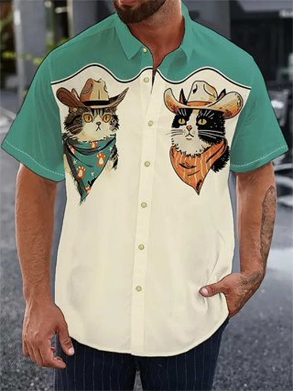 2025 Retro Cartoon Cat 3d Men's Shirt Street Fashion Short Sleeved Shirt For Men Hip Pop Oversized Hawaiian Shirt Men Clothing