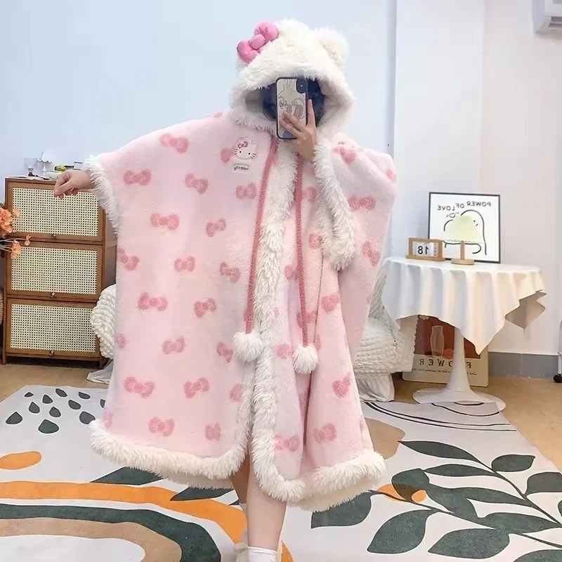 Miniso Kawaii Hellokitty Plush Robes Girls Cute Sanrio Anime Y2K Pajamas Hooded Blanket Casual Fleece Sleepwear Women Clothing