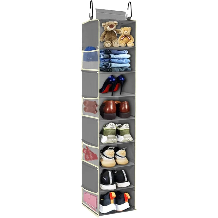 

Large-Sized Hanging Shoe Organizer with 8 Shelves and 8 Side Pockets for Efficient Closet Storage Ideal for Shoes and Clothes M