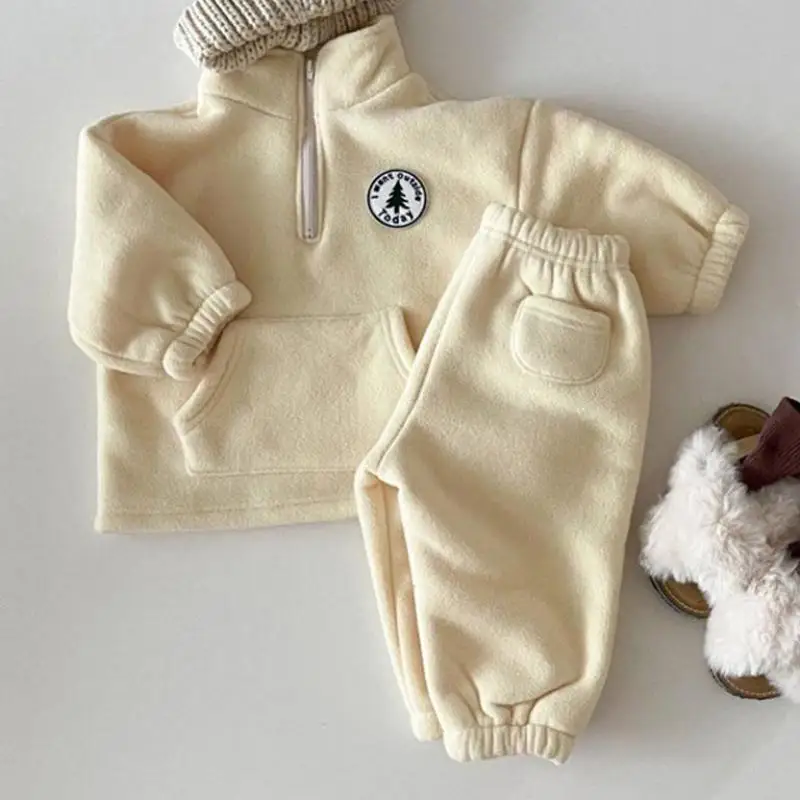 2024 Autumn Baby Boys Clothing Sets Children Thicken Plush Clothes Girls Solid Cotton High Collar Tops+ Pant 2 Pieces Suits