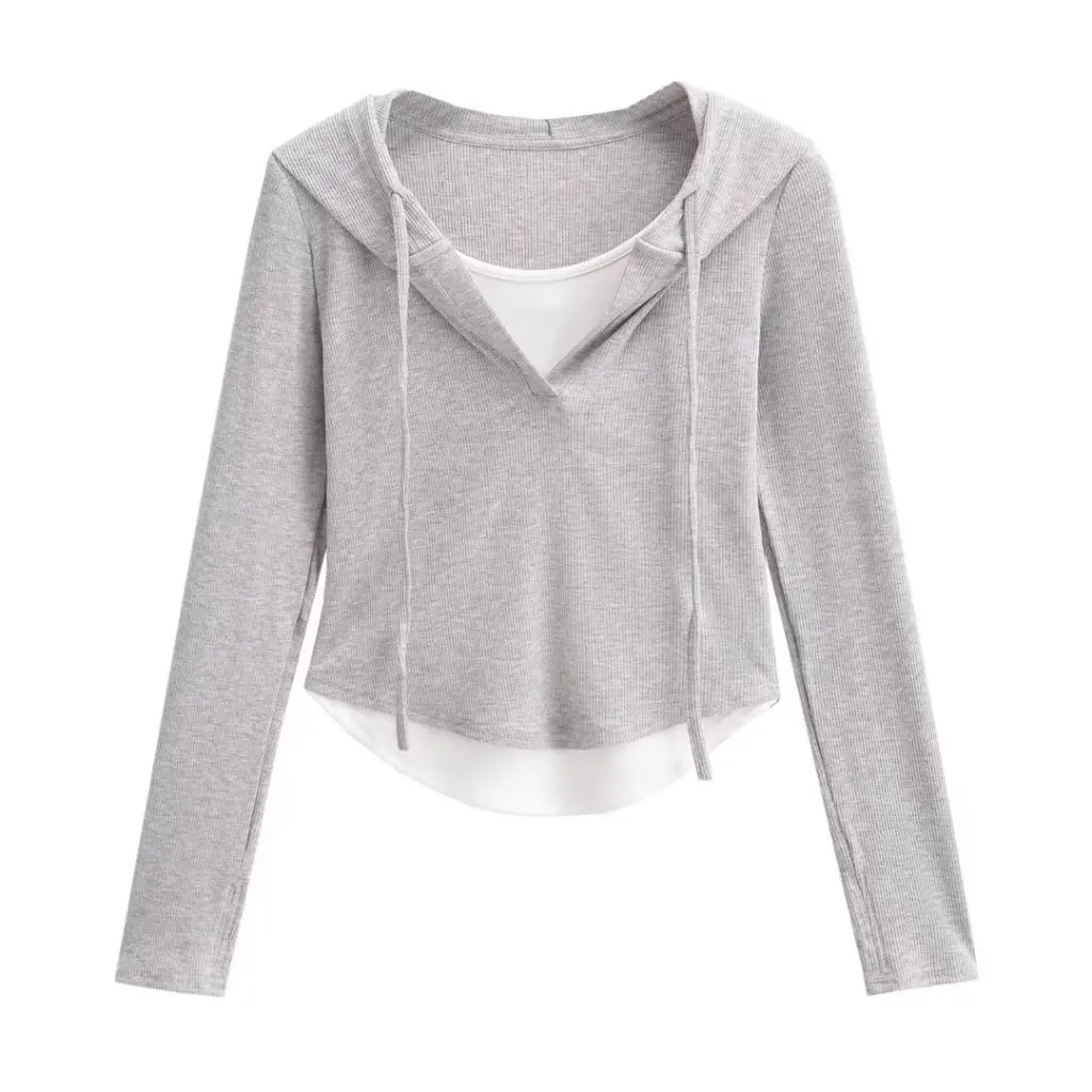 

Women's Slim Fit High Waist Hem Irregular T-Shirt Design Sense Fake Two-Piece Hooded Drawstring Pullover Hot Girl Style