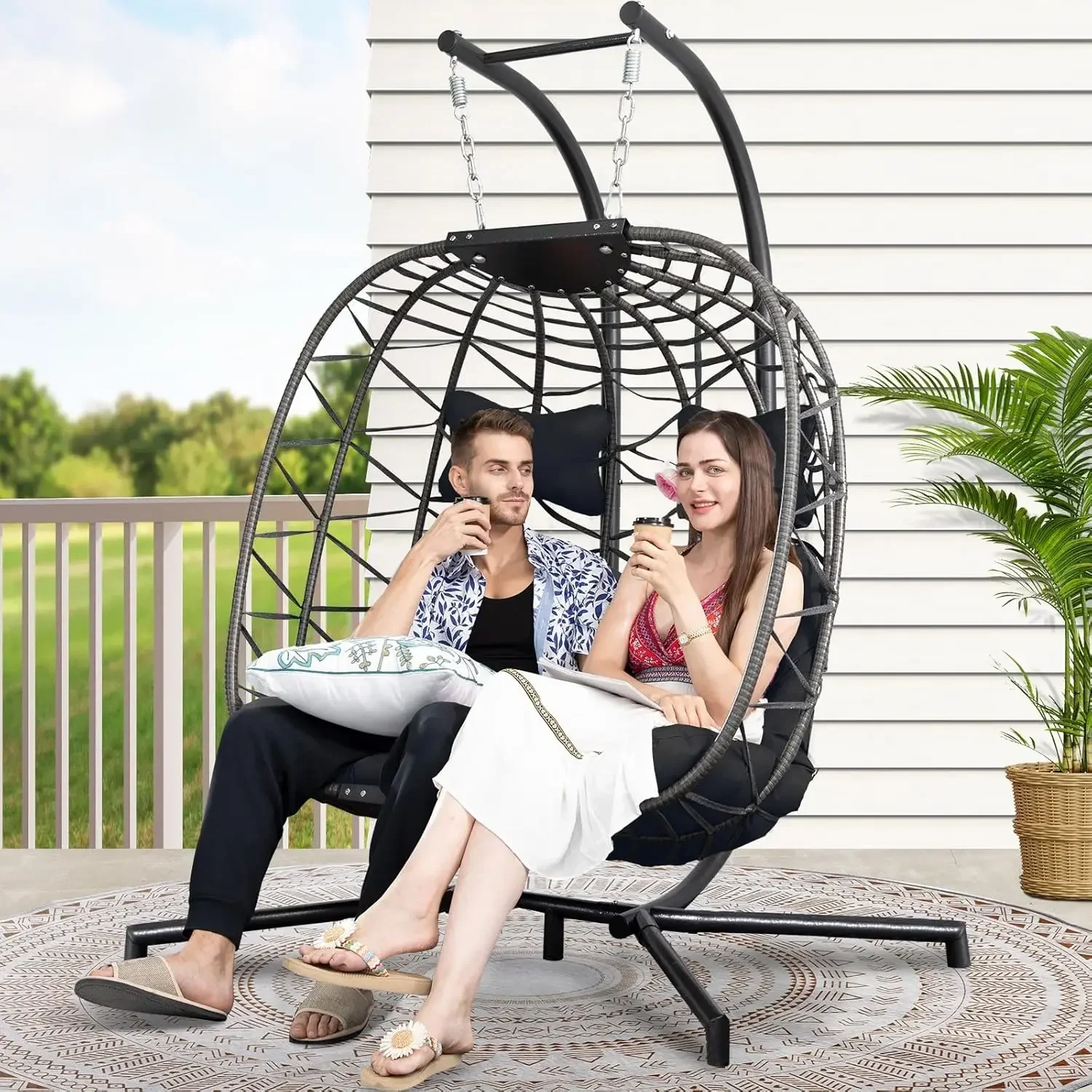 Oversized 2 Person Swing Egg Chair Double Hanging Egg Chair  Egg Basket Chair for Two 510lbs Capaticy for Bedroom (Black/Grey)