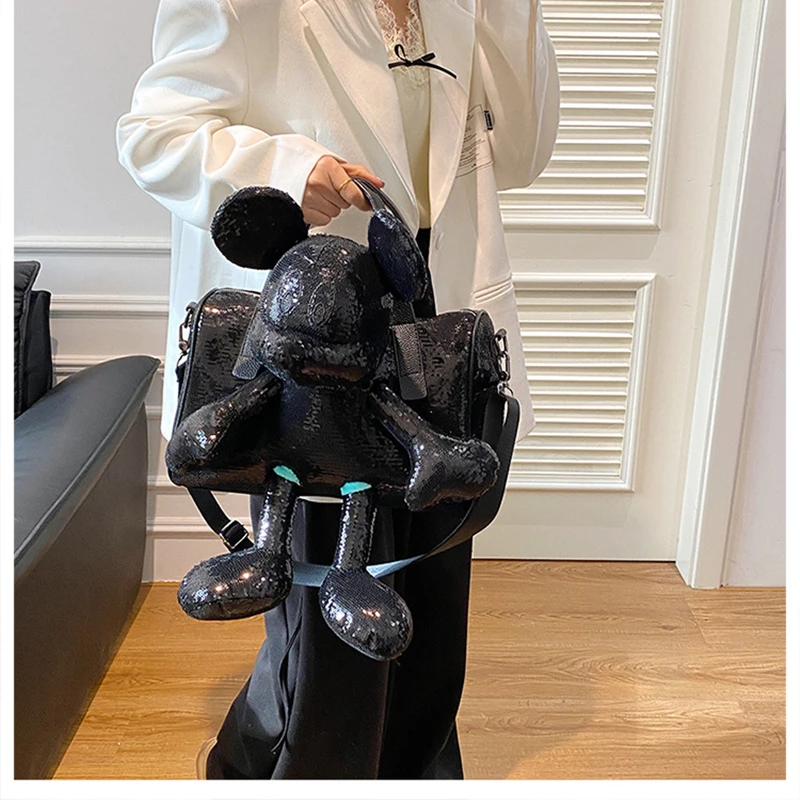 

Новая женская сумка через плечо с Микки 2025, модная и высококачественная сумка-ведро с блестками, женская сумка с куклой большой вместимости из мультфильма