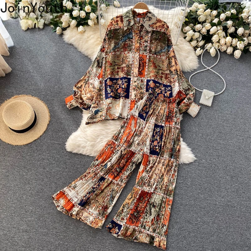 Summer Pant Suit Women Two Piece Sets Batwing Sleeve Oversized Shirt Tops + Loose Pleated Wide-leg Pants Outfits Roupas Femme