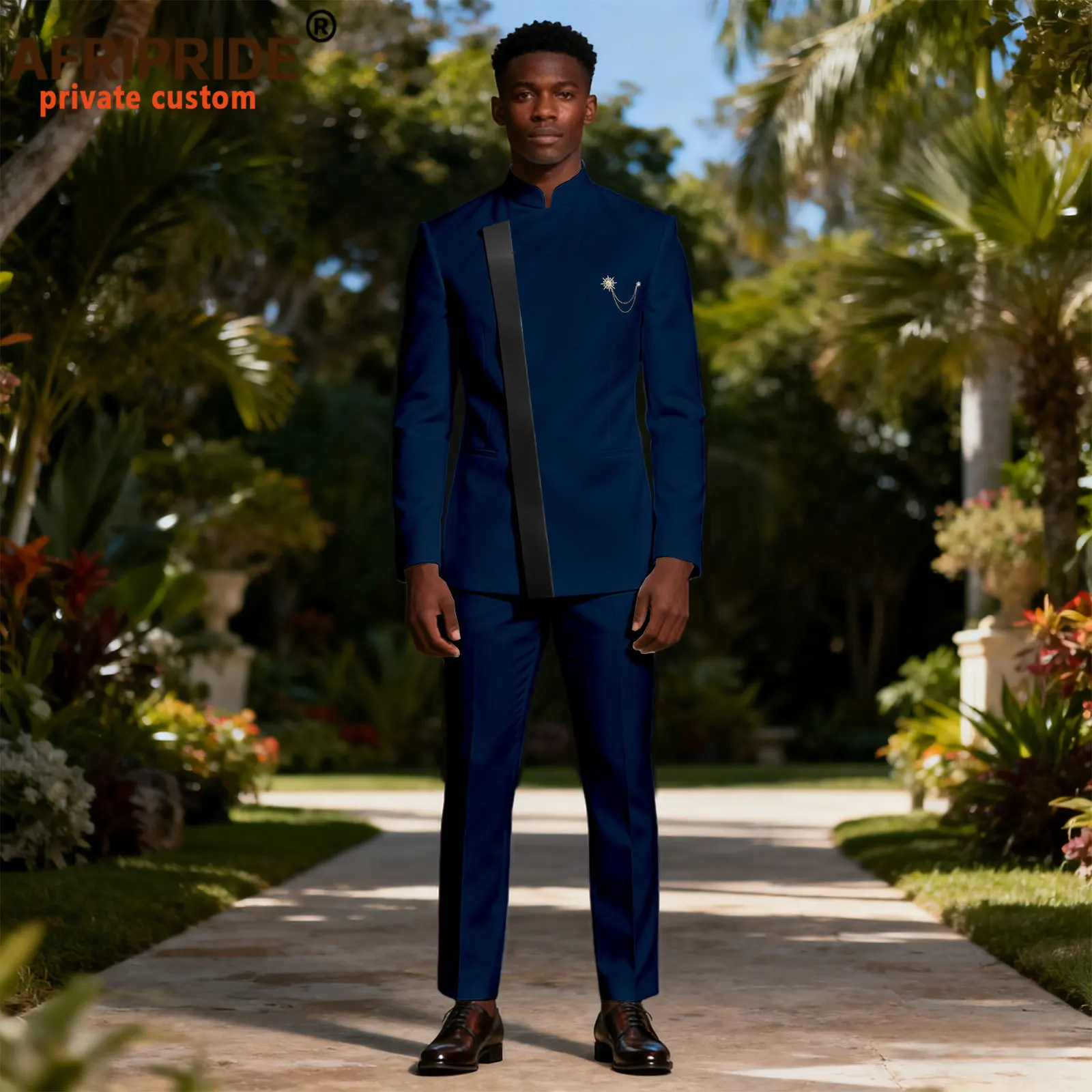 African Suits for Men Slim Fit Brooch PU Blazer and Pants Set Business Dress Suit Formal Outfits Party Wedding Evening 2616011