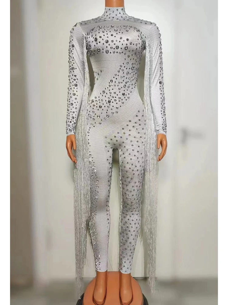 High Quality Hot Diamond Long Sleeved Fringe Elastic Jumpsuit 2024 New Fashion Custom Women'S Clothing