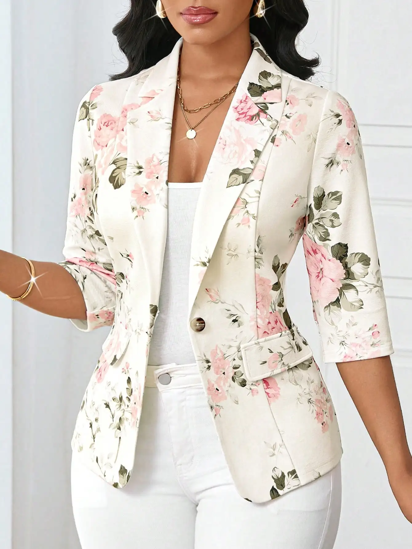 

Floral Print Women's Blazer Jacket, 3/4 Sleeve Business Casual Coat for Spring Fall