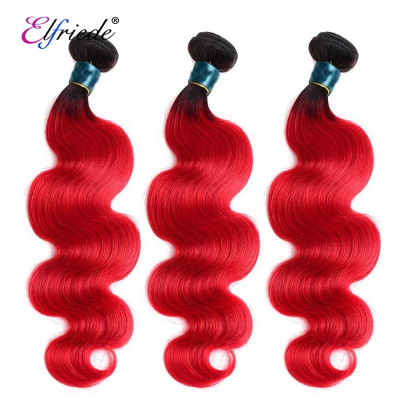 ElfriKawasaki-Onda Do Corpo Ombre Pacotes de Cabelo com Fecho, 100% Tramas De Cabelo Humano, Fechamento Transparente Do Laço, 3 Pacotes, # T1B/Vermelho, 4x4