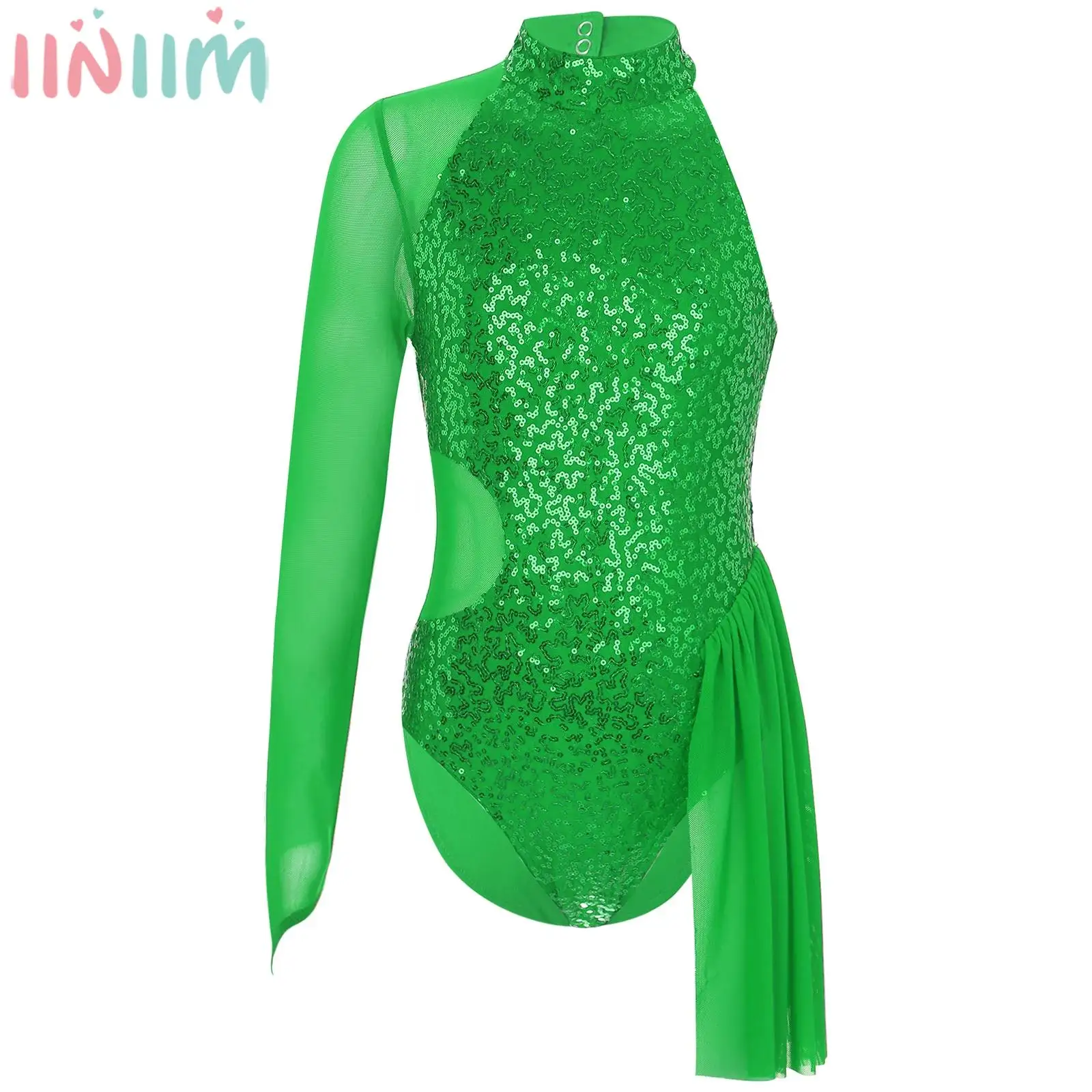 Teen Girls Ballet Dance Leotard Figure Skating Gymnastics Jazz Latin Bodysuit One Shoulder Sequins Sheer Mesh Jumpsuit Dancewear