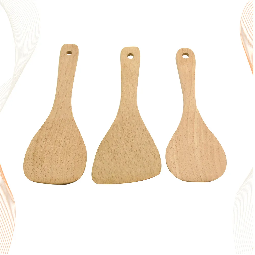 Beech Wood Kitchen Spade Spoon Set 3pcs – Compact Stylish Cooking Utensils for Home, Restaurant & Picnic