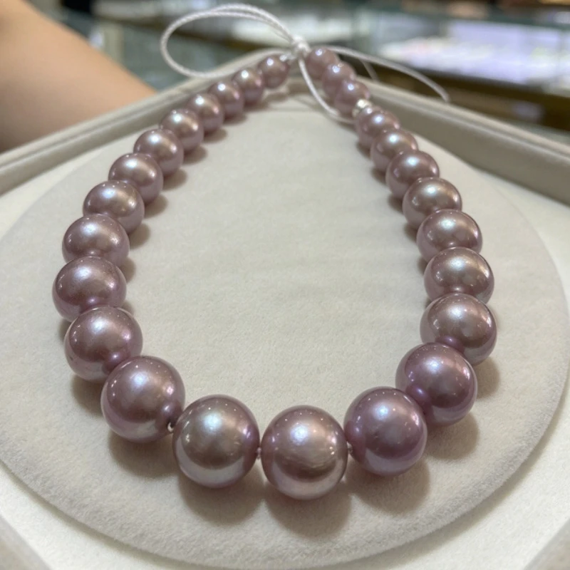 Elegant Purple Round Pearl Necklace, 12-14mm Pearls, Single Strand, 925 Sterling Silver