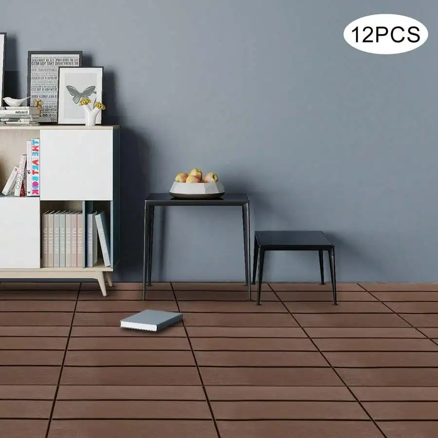 12 Pack Interlocking Deck Tiles, 30 X 30 Cm, Dark Wood Grain, Pp, Non-Slip, Quick Snap Interlocking, Patio