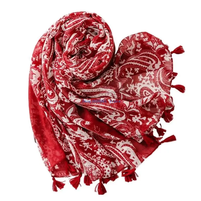

T3LC Popular Breathable Shawl Tassels Cashew Pattern Silk Scarf for Music Festival