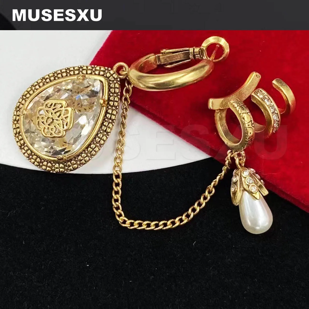 

2022 Luxury Fashion Brand Drop Shaped Zircon Pendant & Pearl Ear Clip Chain Unilateral Earrings For Women's Party Gifts