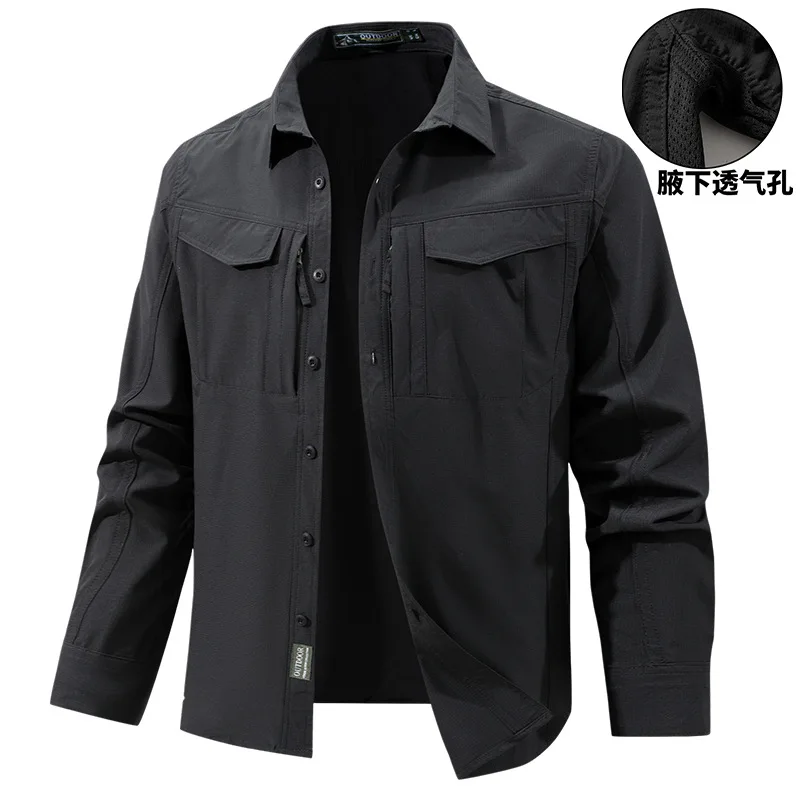 

Men Outdoor Elastic Quick Drying Ventilation Cargo Shirts Spring Male Long Sleeves Thin Breathable Comfortable Waterproof Shirts