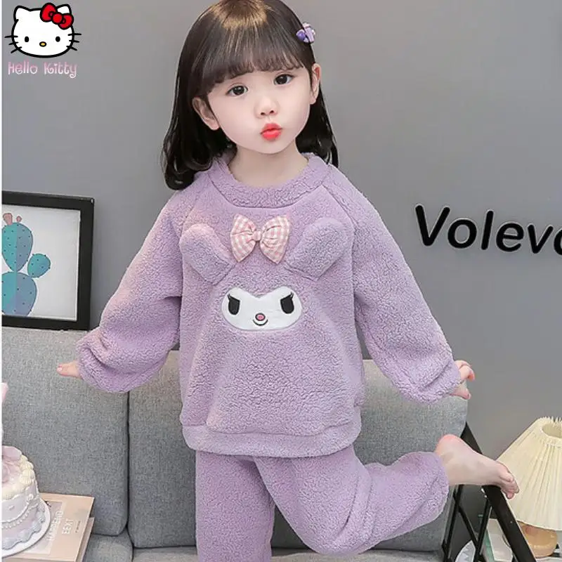 أنيمي الفتيات Kuromi الدافئة بيجامة مجموعة Kawaii الخريف الشتاء جديد الكرتون سانريو الأطفال طويلة الأكمام بنطلون سميكة ملابس المنزل