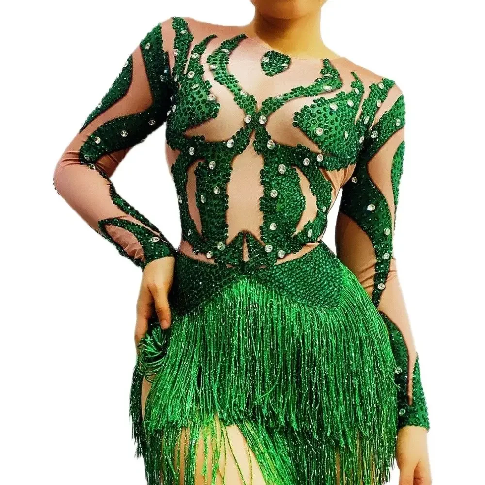 Neue Sexy Grün Strass Fringe Spandex Body Geburtstag Feiern Lange Ärmel Outfit Body Frauen Tänzerin Sänger Show Tragen