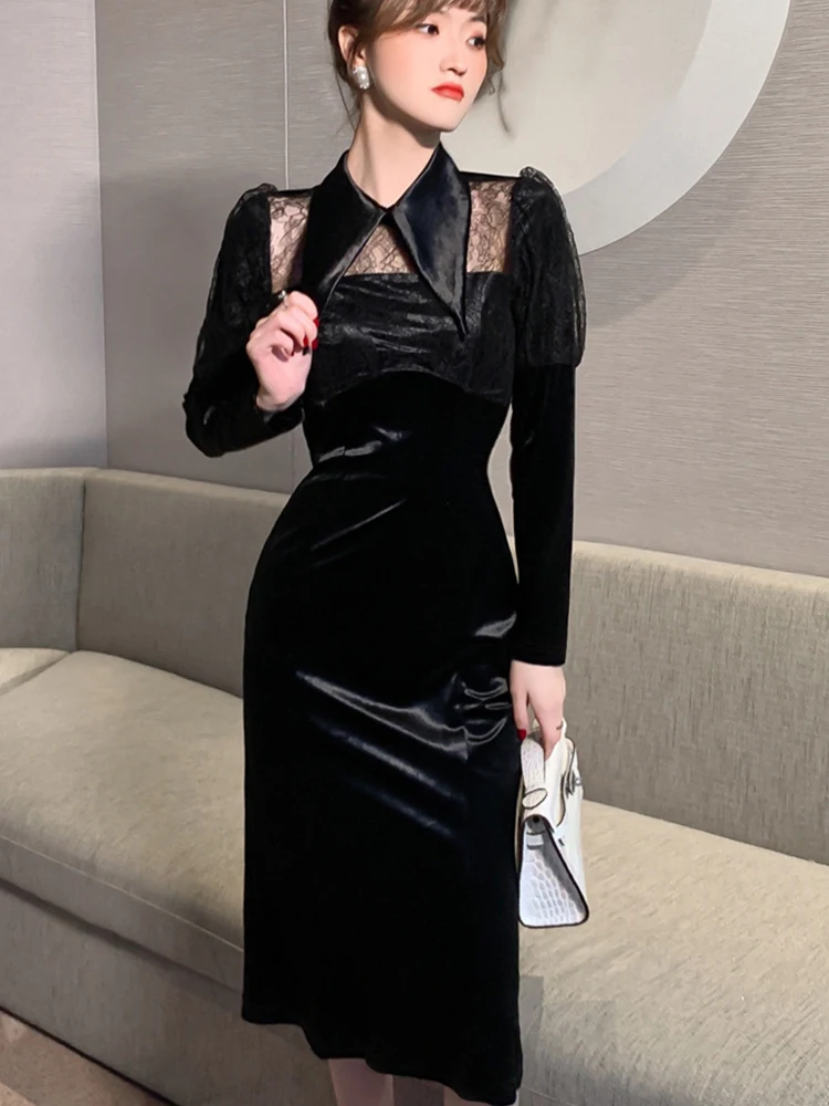 Spring Retro Elegant Midi Dress Women 2023 Black Velvet Sheer Perspective Lace Long Sleeve Slim Robe Femme Party Office Vestidos