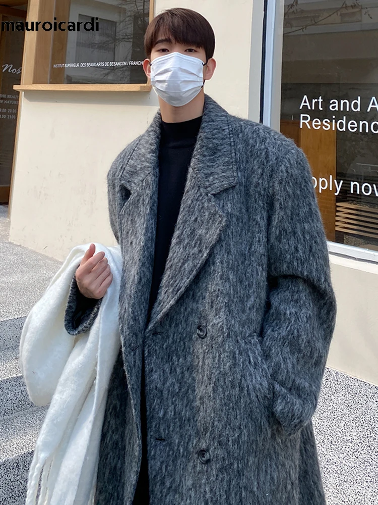 Mauroicardi Autumn Winter Long Gray Oversized Thickened Warm Soft Wool & Blends Coat Men Double Breasted Korean Fashion 2023