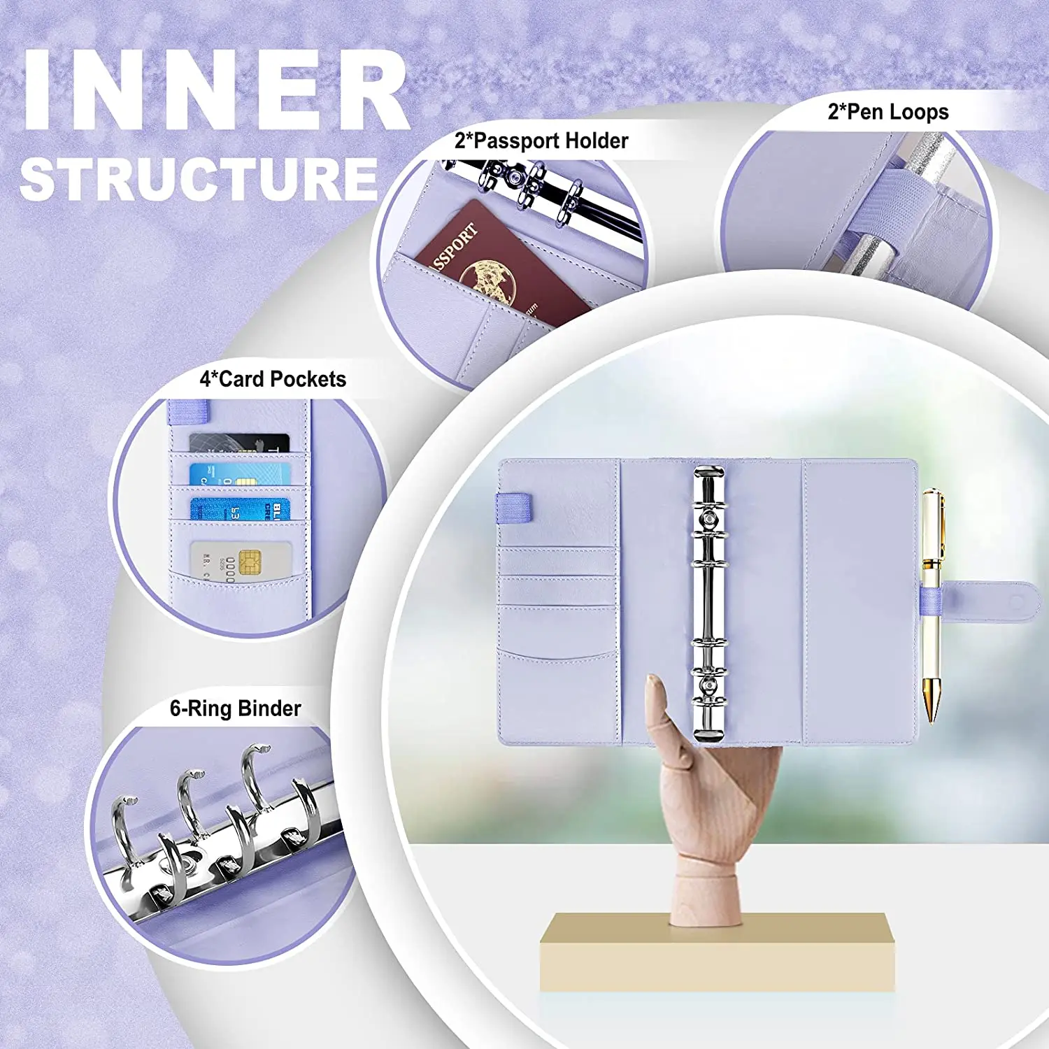 A6 Cute Bow Budget Binder Shiny Leather 6 Ring Mini Binder for A6 Binder with Magnetic Buckle Closure