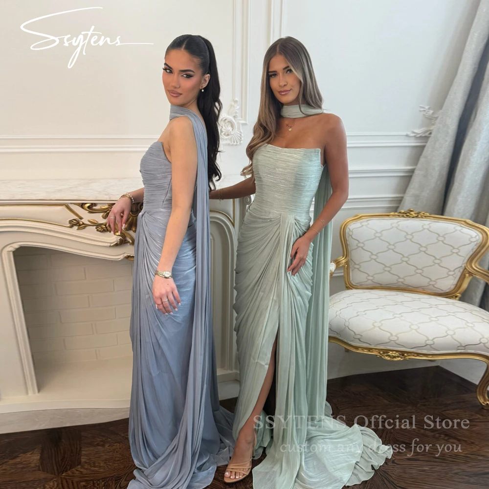 

SSYTENS Green Long Mermaid Evening Dresses Sweetheart Formal Prom Dresses Slit Sleeveless Pleated Prom Gown Women Customized
