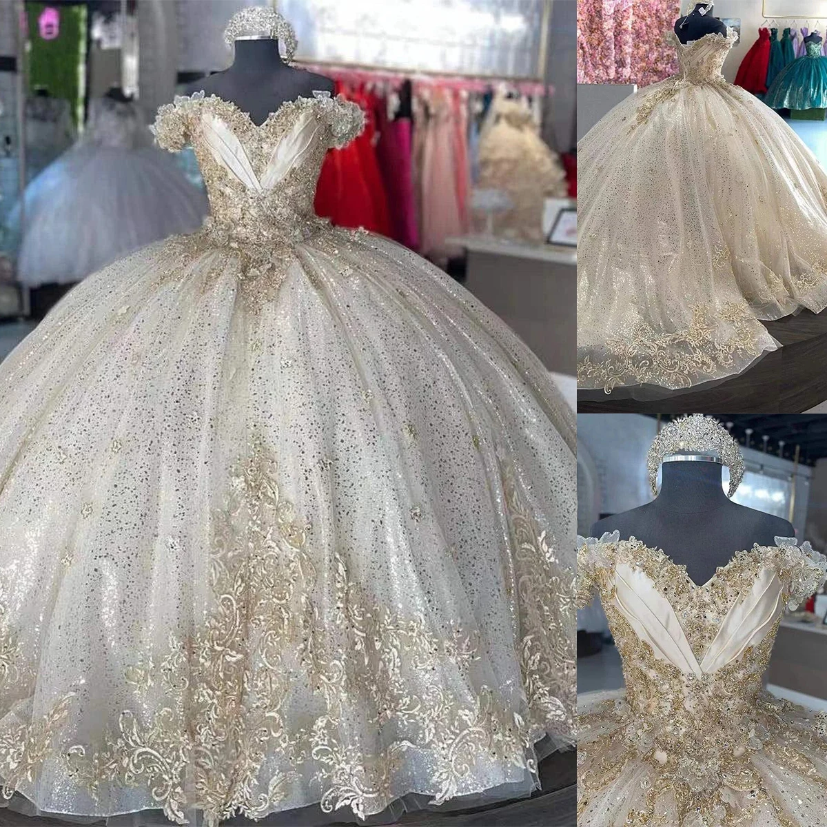 

Illusion Ball Gown Women Wedding Dress Off-Shoulder Sweetheart Sequins Appliques Bridal Gown Sweep Train Dresses