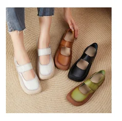 Green Mary Jane Ballet Shoes Women's Designer Luxury Flats Ladies Real Leather Nurse Loafer Woman Square Driving Shoes Flattie