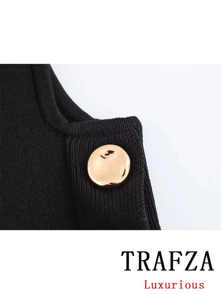 TRAFZA Vintage Casual Chic Women Suit Solid Knitted Side Button Sleeveless O-Neck Top Loose Pants New Fashion 2024 Autumn Sets