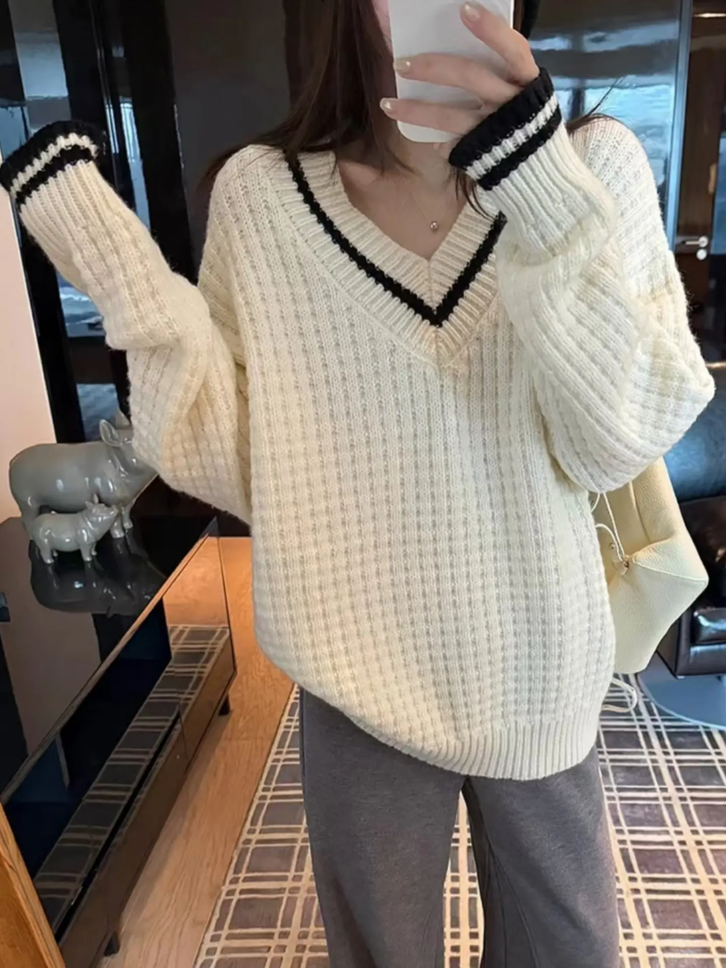 

Loose Fit V-Ne Knitted Sweater Women's Casual Sle Autumn Winter New Korean Loose Knitwear Soft Color Blo Commute Friendly