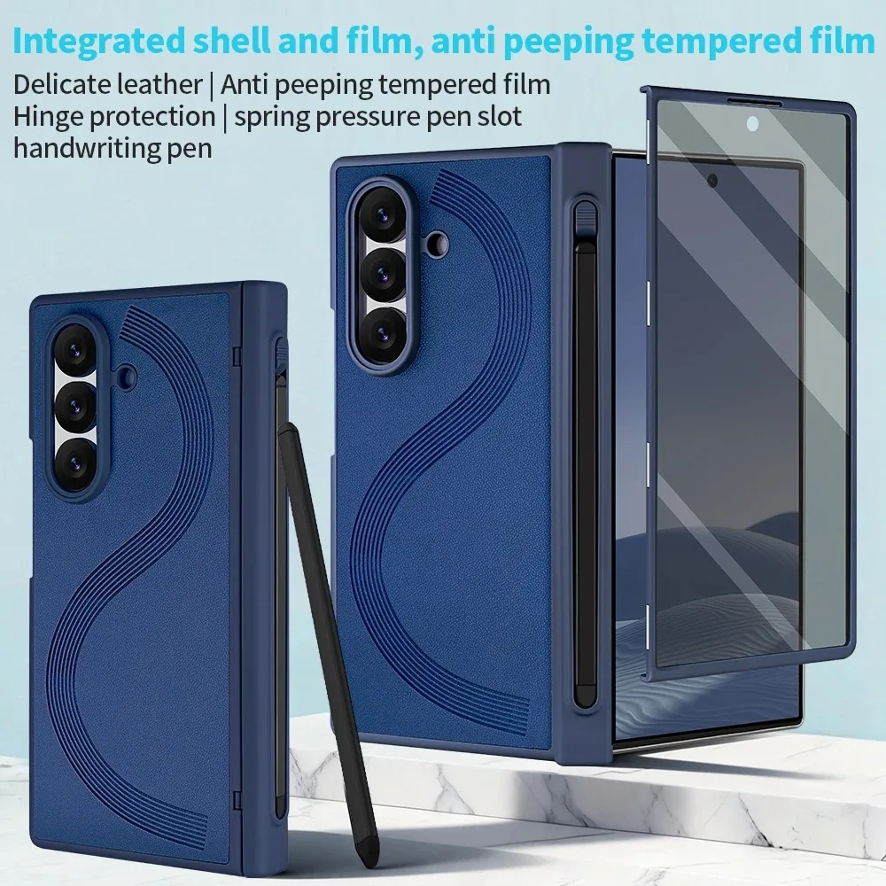 

For Samsung Galaxy Z Fold 6 Fold 7 Phone Case with Touch Pen And Privacy Glass Film Full Cover PU Leather With Hinge Protector