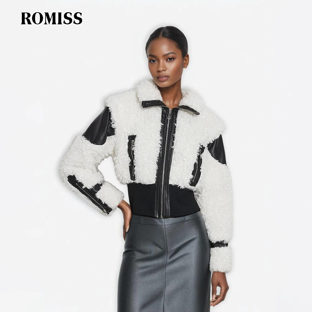 

ROMISS Patchwork Lambswool Casual Fashion Jackets For Women Lapel Long Sleeve Spliced Zippers Slimming Short Jacket Female Style