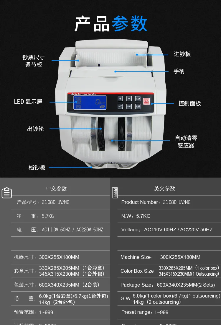 Banknote Detector Multinational Currency Counting Machine European American Dollars, British Pounds, Hong Kong Dollars