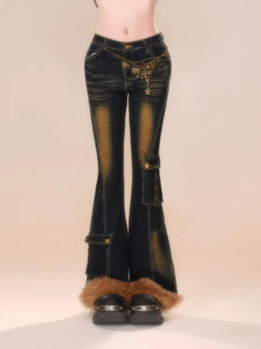 

​ ​ Женские плюшевые расклешенные джинсы 2025 года, зимние брюки с низкой посадкой на подкладке из шерпы, облегающие джинсовые брюки с расклешенным краем ​ ​