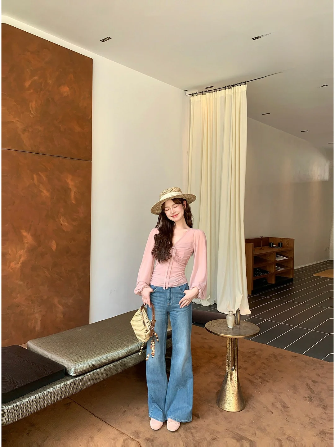 

Джинсы-клеш с высокой талией для женщин, повседневные, светлые, в ретро-стиле, весенние, теплых тонов, универсальные, облегающие, длинные брюки