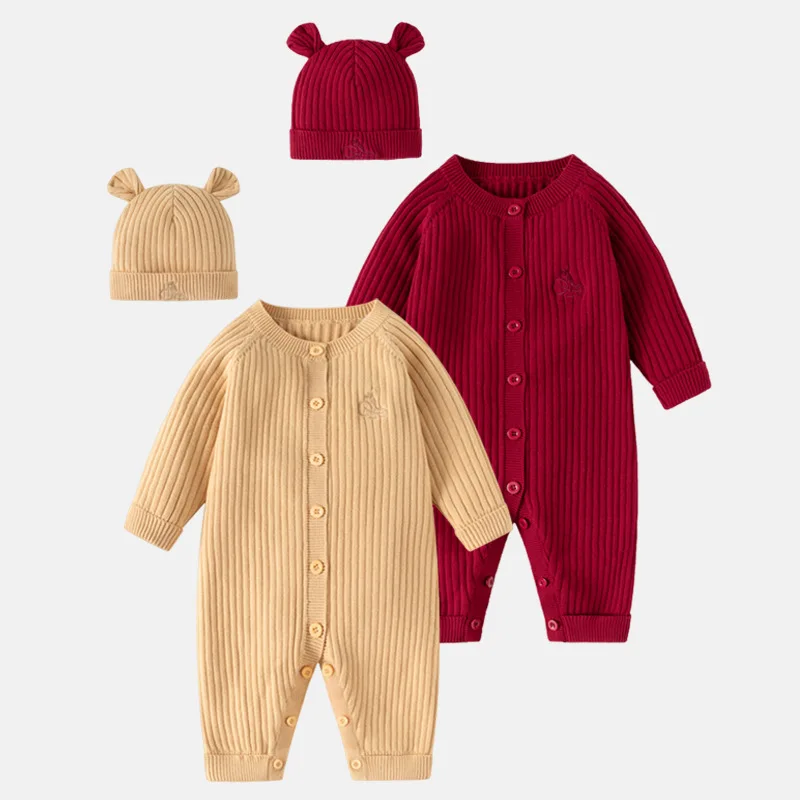 

Autumn Winter Newborn Baby Knitted Romper with Hat Knit Jumpsuit for Infants Bodysuit Warm Knit Pajama 0-24 Months Baby Clothes